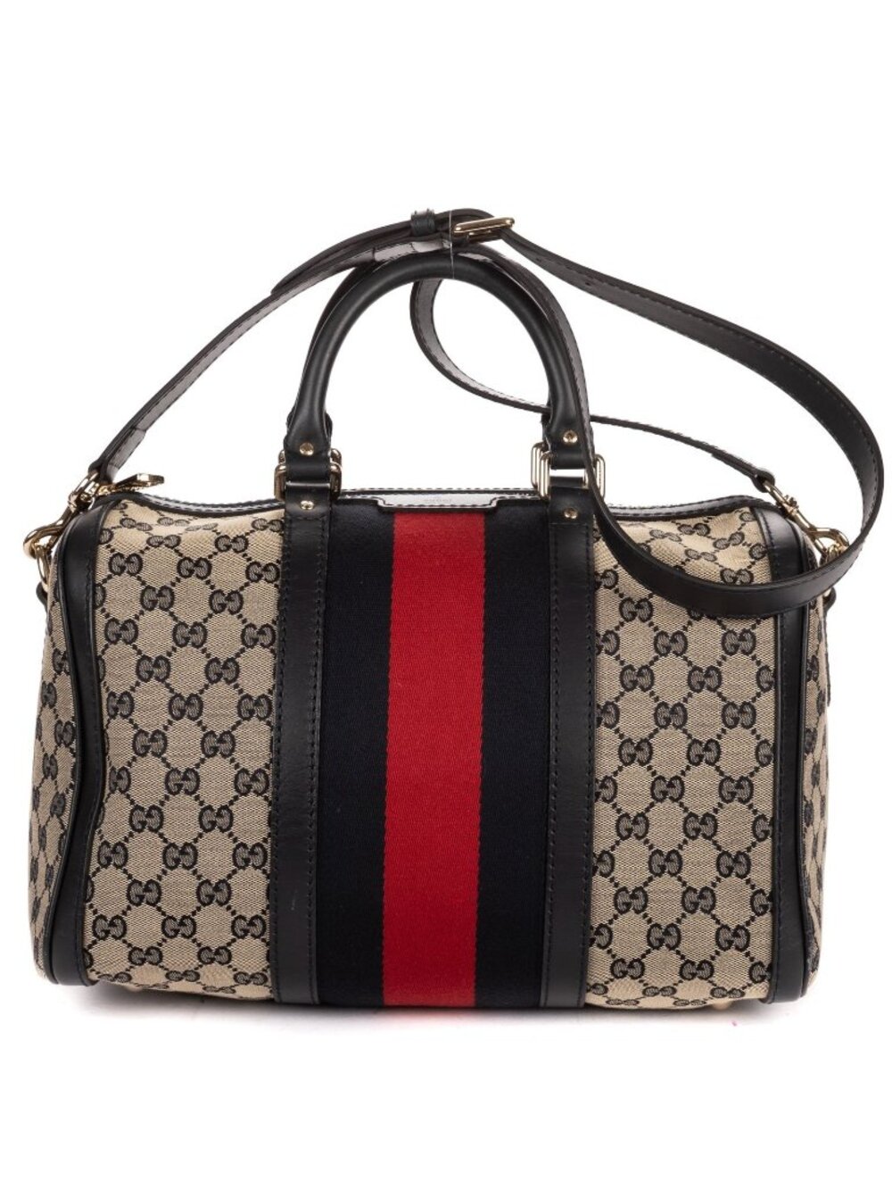 Gucci Vintage Web Boston Bag Navy Beige GG Denim Canvas